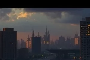 都市剧向晚的航线剧照，机场廊桥外的落日余晖